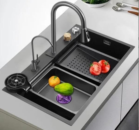 JOKSEEN Kitchen Sink 304 Grade Stainless Steel Single Bowl Handmade Black Color Kitchen Sink With Waterfall Faucet